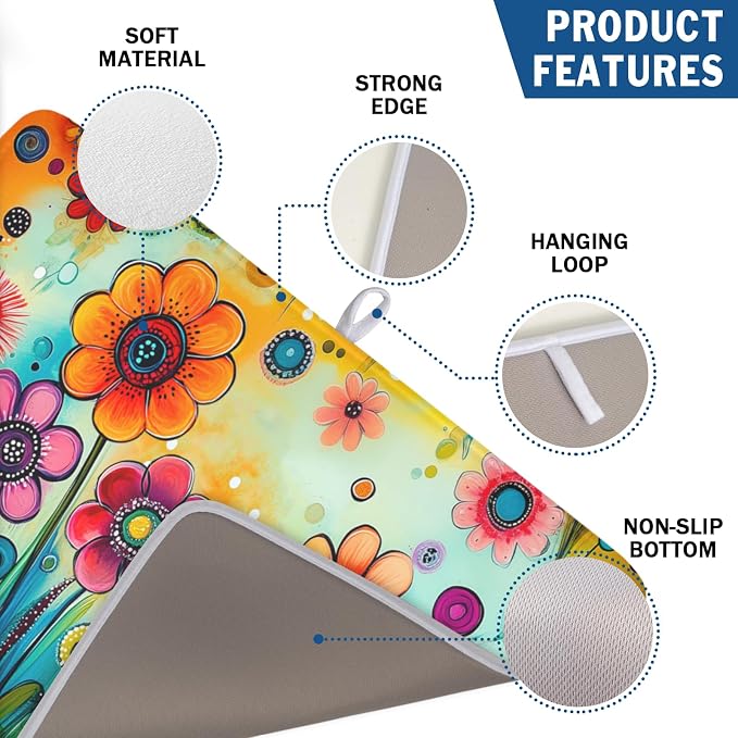 Abstract Colorful Floral Dish Drying Mat for Kitchen Counter Spring Summer Flower Microfiber Dish Drainer Mat Rustic Absorbent Washable Drying Pad Extra Large 18"x24"