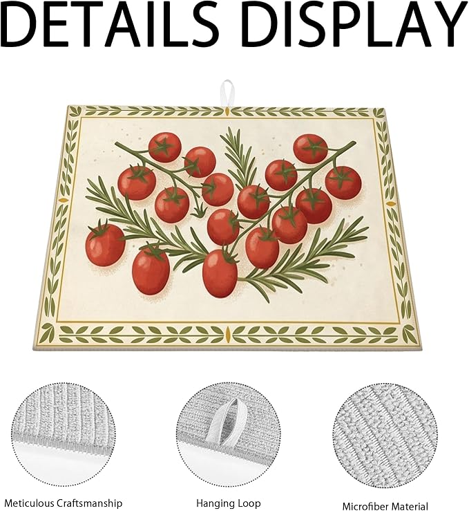 Tomatoes Herb Dish Drying Mats for Kitchen Counter, Rustic Red Tomatoes Absorbent Dish Drainer Rack Mat, Seasonal Farmhouse Microfiber Drying Pad for Kitchen Counter Decor 16x18 Inch