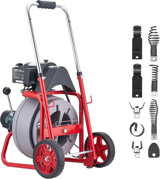 VEVOR Drain Cleaner Machine 75 FT x 3/8 Inch, Auto Feed Sewer Snake Drain Auger on Wheels, Portable Drain Cleaning Machine with 8 Cutters & Air-Activated Foot Switch for 2" to 4" Pipes