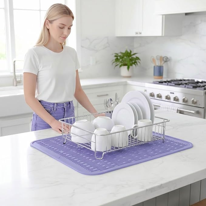 MicoYang Silicone Dish Drying Mat for Multiple Usage,Easy clean,Eco-friendly,Heat-resistant Silicone Mat for Kitchen Counter or Sink,Refrigerator or Drawer Liner Light Purple 2XL 24 inches x 18 inches