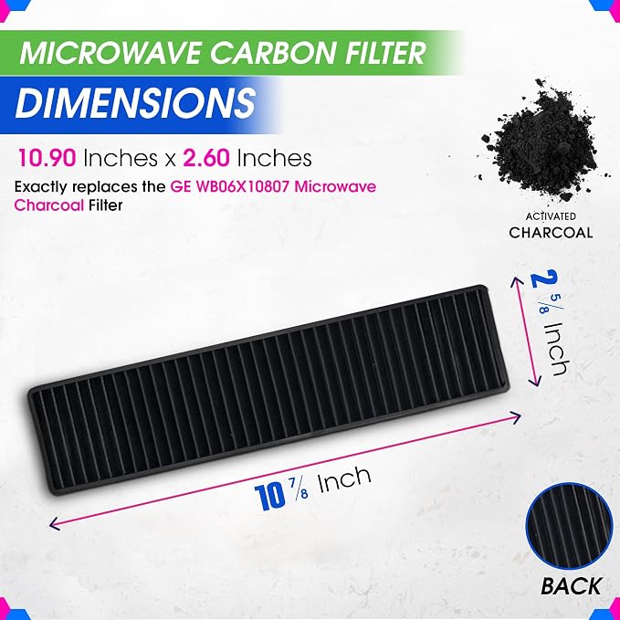 Microwave Charcoal Filter Replacement 10.9" x 2.6" Fit's for GE WB06X10807 - Compatible with GE Microwave Filter Replacement - Stove Oven Vent Filters Removes Odors & Freshens the Kitchen Air (2-Pack)