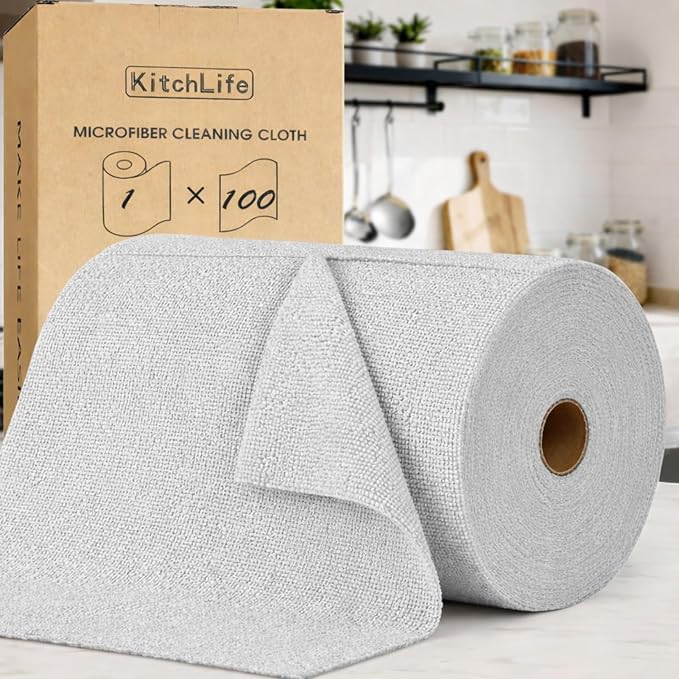 KitchLife Microfiber Cleaning Cloth Roll, 100 Pack - Tear-Away Microfiber Paper Towels, Lint-Free, Reusable, Washable for Kitchen, Car, Dishes, and Sensitive Surfaces (Light Gray)