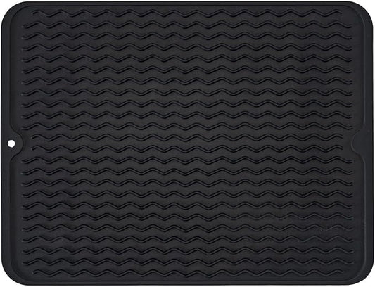 Large 14" x 11" Silicone Dish Drying Mat for Kitchen Counter, Easy clean, Quick Dry, Heat-resistant Dish Drainer Mat for Sink,Refrigerator or Drawer liner (Food Grade Silicone-Black)