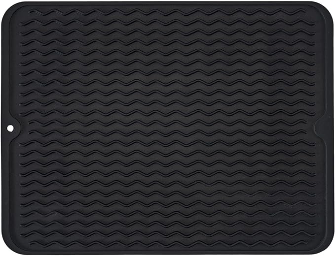 Large 24" x 18" Silicone Dish Drying Mat for Kitchen Counter, Easy clean, Quick Dry, Heat-resistant Dish Drainer Mat for Sink,Refrigerator or Drawer liner (Food Grade Silicone-Black)