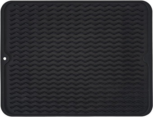 Large 24" x 18" Silicone Dish Drying Mat for Kitchen Counter, Easy clean, Quick Dry, Heat-resistant Dish Drainer Mat for Sink,Refrigerator or Drawer liner (Food Grade Silicone-Black)