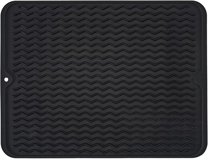 Large 17" x 14" Silicone Dish Drying Mat for Kitchen Counter, Easy clean, Quick Dry, Heat-resistant Dish Drainer Mat for Sink,Refrigerator or Drawer liner (Food Grade Silicone-Black)