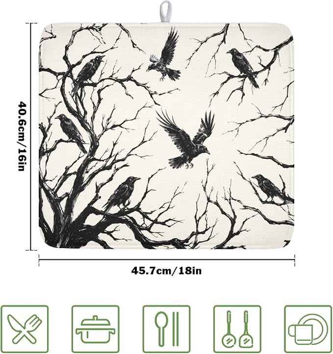 Halloween Crows Dish Drying Mat for Kitchen Counter Vintage Spooky Black Tree Branches Raven Pattern Microfiber Dish Drainer Mat Rustic Absorbent Washable Drying Pad 16"x18"