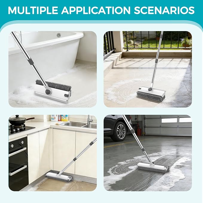 SetSail Floor Scrub Brush with 54in Adjustable Long Handle, Grey&White | 3 in 1 Floor Scrub Brush with Scraper and Stiff Bristle, Heavy Duty Floor Scrubber for Shower Bathroom Kitchen Patio Garage