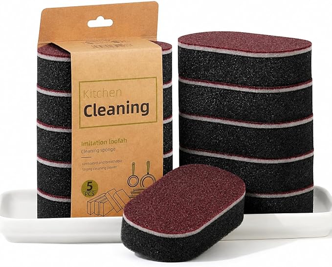 Heavy Duty Carborundum Sponges for Kitchen (5-Pack) - Premium Emery Cleaning Eraser Sponge & Non-Scratch Imitation Loofah Scrubber, Tough Stain & Rust Remover for Pot Bottoms, Cast Iron, Sinks