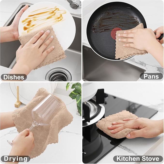 Homaxy 18 Pack Kitchen Dish Cloths (10 x 10 Inches, Tan), Super Soft and Absorbent Coral Velvet Dish Towels, Nonstick Oil Fast Drying Microfiber Cleaning Cloth, No Lint Household Dishcloths