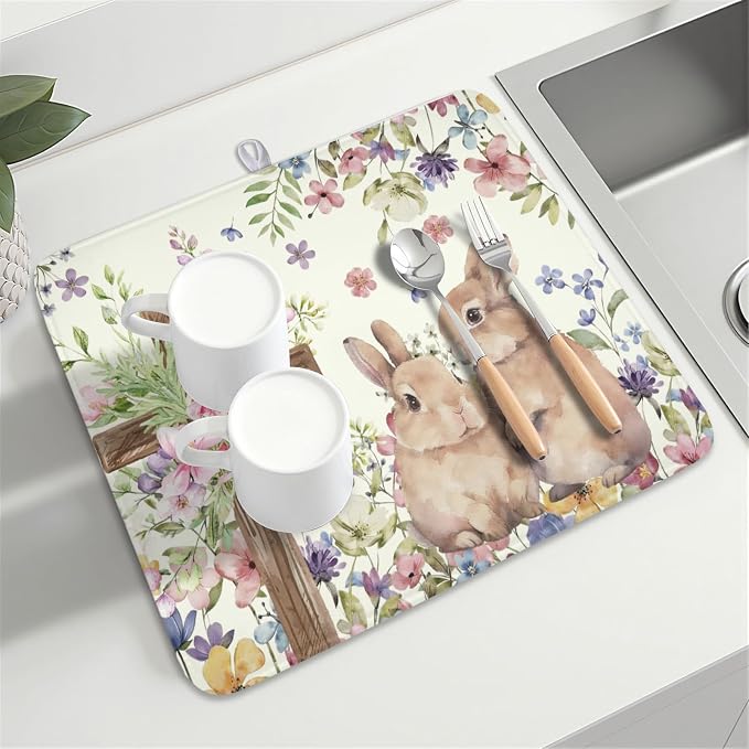 Easter Bunny Dish Drying Mat 16 x 18 Inch Rabbit Dish Drainer Rack Mat Colorful Floral Mat Absorbent Microfiber for Holiday Kitchen Coffee Dining Bar Decor