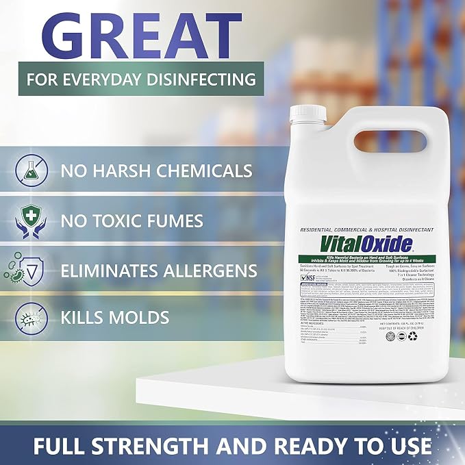 Vital Oxide Disinfectant, Deodorizer, Cleaner, Food-Contact Sanitizer, Virucide – (EPA registration #82972-1) – Kills Mold & Mildew, Eliminates Odors -1 Gallon | EPA registration 82972-1, disinfectant, deodorizer, cleaner, food-contact sanitizer and vi...