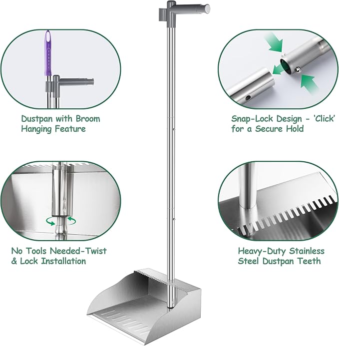 Dust Pans with Long Handle,Heavy Duty Metal Dust Pan with Dust Pan Teeth | Stand Up Dustpan with 3pcs Adjustable Handle,Stainless Steel Dust Pan with Teeth to Clean Hair for Home,Outdoor,Office,Garden