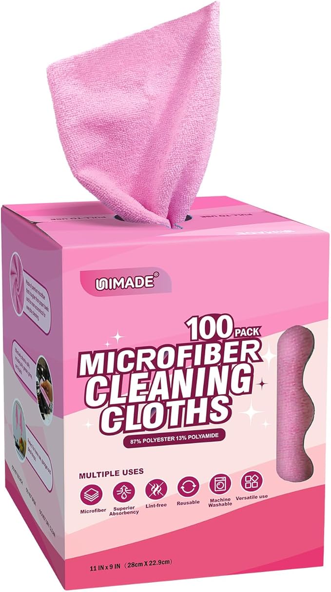 UNIMADE Microfiber Cleaning Cloth, 100 Sheets Microfiber Towels for Cars | Commercial Grade Washcloths Lint-Free Bulk Shop Towel Cleaning Rags for Restaurant Garage Housekeeping,11"x 9", Pink