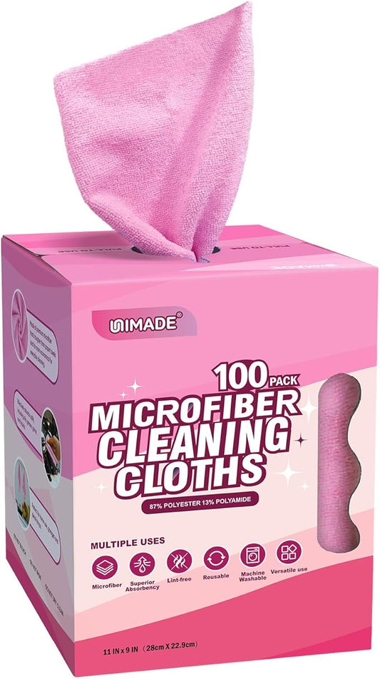 UNIMADE Microfiber Cleaning Cloth, 100 Sheets Microfiber Towels for Cars | Commercial Grade Washcloths Lint-Free Bulk Shop Towel Cleaning Rags for Restaurant Garage Housekeeping,11"x 9", Pink
