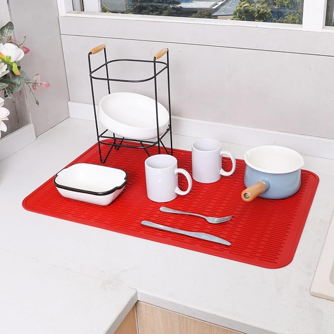 MicoYang Silicone Dish Drying Mat for Multiple Usage,Easy clean,Eco-friendly,Heat-resistant Silicone Mat for Kitchen Counter or Sink,Refrigerator or Drawer Liner Red 3XL 28 inches x 18 inches
