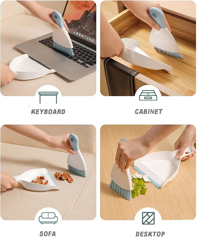 Mini Broom with Dustpan Combo Set Small Dust pan and Brush Set Quick Cleanup Tools for Kitchen Table Keyboards Pets Nest Sofa (Blue)
