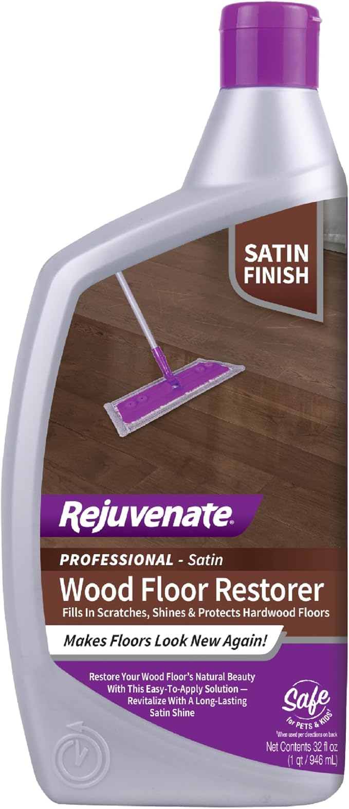 Rejuvenate Professional Wood Floor Restorer Fills Scratches, Shines And Protects Wood Flooring For A Matte Satin Shine, 32 Ounces | 1-Coat Application Fills Scratches, Shines & Protects Hardwood Floors, Leaves A Satin Finish, Safe For Pets & Kids
