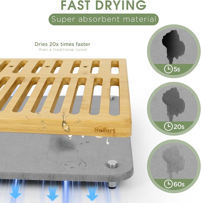 Sofort Stone Drying Mat for Kitchen Counter, Quick Dry Ultra Absorbent Dish Drying Mat with Bamboo Rack, Diatomaceous Earth Drying Pad for Dishes, Plates, Mugs 16″x12″