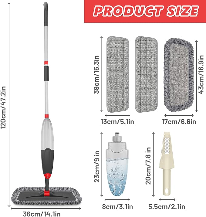 HOMTOYOU Microfiber Hardwood Floor Mop: Spray Mop for Cleaning Wood Floors | Wet Mopping & Dry Sweeping, 3 Reusable Refill Pads, 1Pcs 400+ML Refillable Bottle, 360° Swivel Head, Black