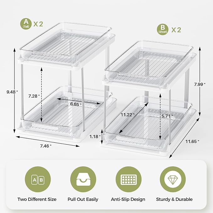 Delamu 2-Tier Bathroom Under Sink Organizers and Storage, Pull Out Cabinet Drawers with Anti-Slip Design, Multi-Purpose Storage for Kitchen, Pantry, Bathroom & Home Organization, White, 4 Pack