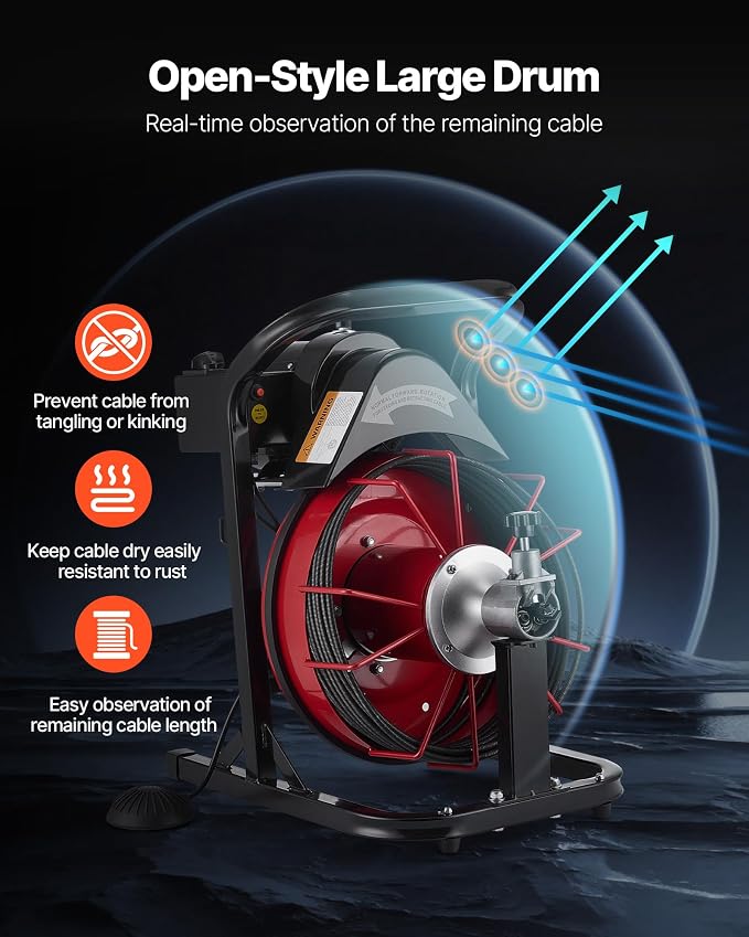 VEVOR Drain Cleaner Machine 50 FT x 5/16 Inch, Auto Feed Sewer Snake Auger with 4 Cutters & Air-Activated Foot Switch for 2" to 4" Pipes
