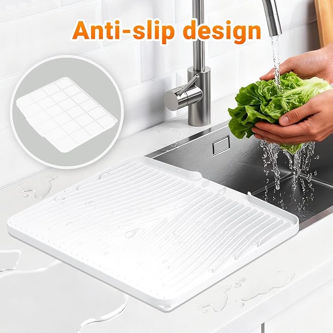 Silicone Dish Drying Mat for Kitchen counter, 19.7"x17" Extra Large Non-Slip Drain Pad with Built-in Drainage, Heat Resistant Dishwasher Safe, Ivory