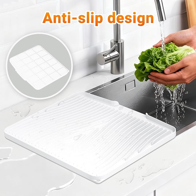 Silicone Dish Drying Mat for Kitchen counter, 15.8"x13" 2Pcs Extra Large Non-Slip Drain Pad with Built-in Drainage, Heat Resistant Dishwasher Safe, Ivory