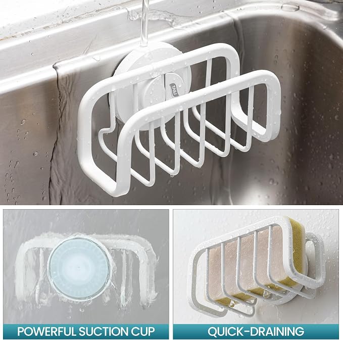 TAILI Sponge Holder for Kitchen Sink with Strong Suction Cup, Rustproof Aluminum Sink Caddy for Sponges, Removable Sponge Holder, Dish Brush for Scraper - White