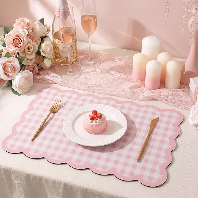 Scalloped Gingham Coffee Mat 12" x 20" Absorbent Coffee Bar Mat Gingham Espresso Matt for Counter(Pink)