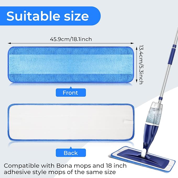 Wlich 3 Pack Microfiber Cleaning Pads are Compatible with Bona Mop,18 Inch Replaceable Mop Pad Refill,Washable & Reusable Blue Microfiber Mop Pads for Hardwood and Hard-Surface Floors | Washable Reusable Microfiber; Wet & Dry Cleaning; For Hardwood And...