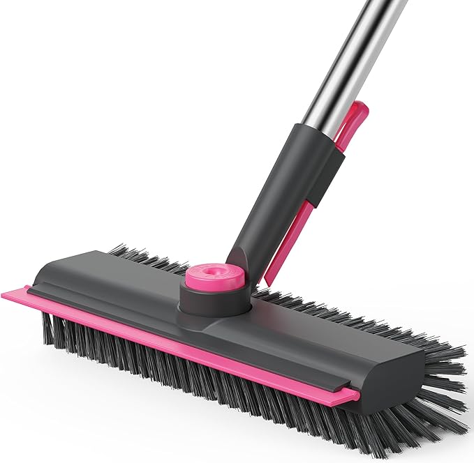 AIR U+ Floor Scrub Brush with Long Handle, 3-in-1 Rotating Head & Squeegee | Stiff Dual-Sided Bristles for Shower, Bathroom, Kitchen and Patio, 30–50 In Handle for Easier Stand-Up Cleaning, Gray & Pink