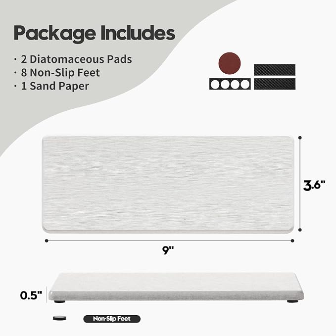 2PCS Beige Bathroom Sink Vanity Trays, Water Absorbing Diatomite Stone Drying Soap Dish Dispenser for Kitchen Counter, Sponge Holder Mat Rack Faucet Splash Guard Caddy Organizer, 9"x3.5"