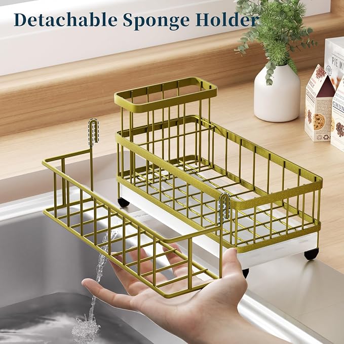 Consumest Sponge Holder for Kitchen Sink - Auto Draining Sink Caddy Organizer with Detachable Rack, High Brush Holder, Kitchen Countertop Storage Accessories, Light Gold