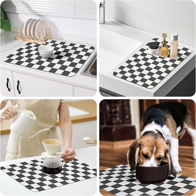 CooRug Checkered Dish Drying Mat, 16" x 24", Black | Absorbent, Leak-Proof, Non-Slip, Heat Resistant, For Kitchen Counter & Coffee Bar, Eco-friendly Materials, Easy to Clean
