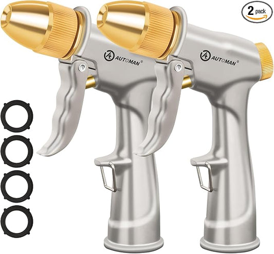 AUTOMAN Garden Hose Nozzle Sprayer, 2 Pack High Pressure Spray Nozzle, 100% Metal Water Hose Nozzle, 4 Patterns Watering Nozzle, Heavy Duty Garden Nozzle for Watering Plants & Lawns, Washing Cars