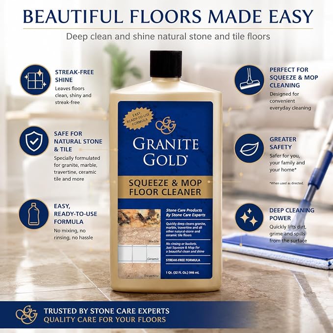 Granite Gold Squeeze and Mop Floor Cleaner For Granite, Marble, And Other Natural Stone Or Ceramic Tile Surfaces, 32 Fl Oz