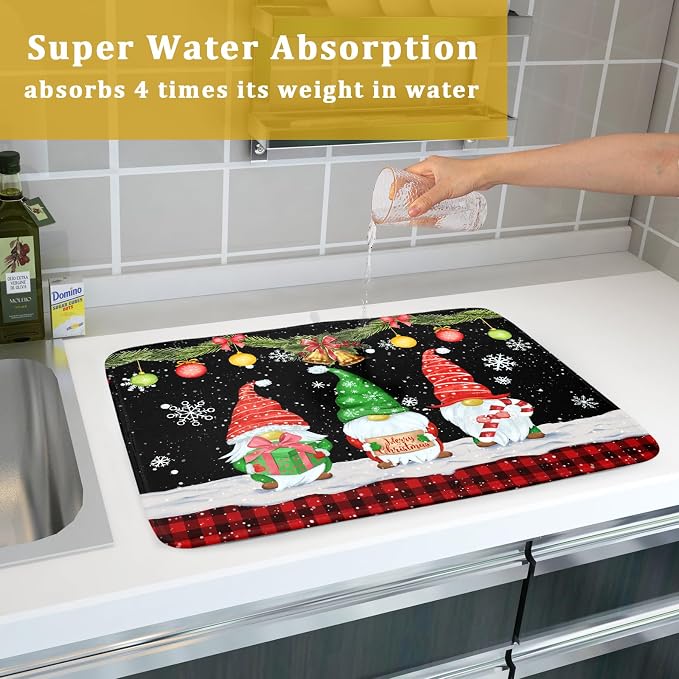 Merry Christmas Dish Drying Mat Black Gnomes Dish Drainer Mats 18x24 Inch Holiday Decorative Absorbent Dishes Pad for Kitchen Counter Sink