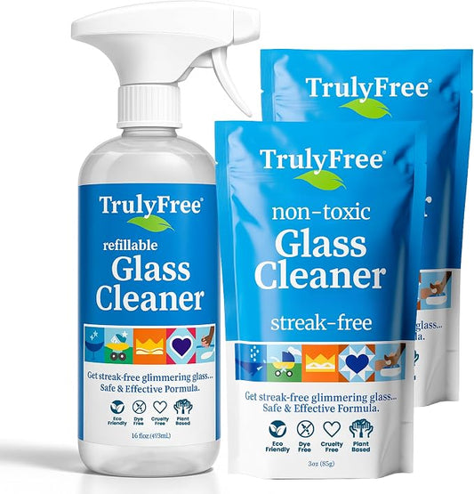 Truly Free Natural Glass Cleaner Kit - Removes Dirt & Debris for Sparkling Clean Windows & Glass Surfaces at Home, Office & Garage, Includes 16 oz Reusable Empty Bottle + Two Fills, 3 oz ea.