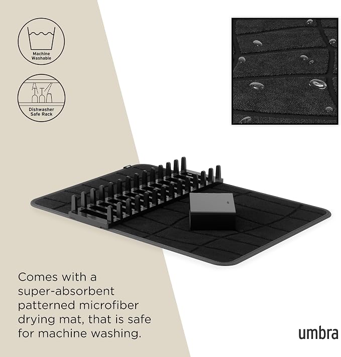 Umbra UDry Dish Drying Rack with Mat – Kitchen Countertop Dish Drainer & Absorbent Microfiber Drying Mat, Foldable Dish Rack Organizer for Plates, Cups & Utensils, Black