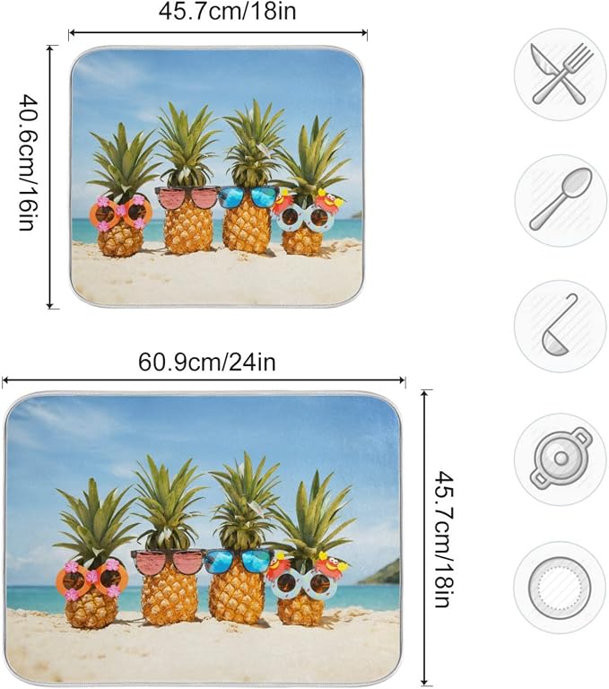 Absorbent Dish Drying Mat for Kitchen Counter - Pineapple Beach Microfiber Drying Pad, Reversible Drainer Mats for Countertop, Small 16 x 18 inch