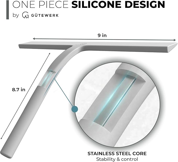GÜTEWERK Silicone Shower Squeegee for Glass Doors & Mirrors with Stainless Steel Core, Streak-Free & No-Squeak Window Cleaning, 3-in-1 No-Drill Mount (Hook/Suction/Adhesive),White, 9 Inches