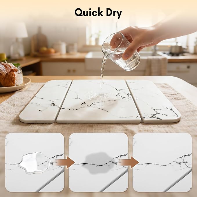 Stone Drying Mat for Kitchen Counter, Foldable Quick-Dry Dish Drying Mat, Water-Absorbent Marble Diatomaceous Earth Mats for Dishes, Cups & Bottles on Any Countertop(20"x16")