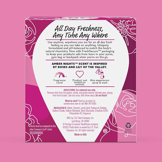 Summer's Eve Amber Nights Feminine Wipes, with Gentle pH-Balanced Formula Designed to Remove Odor, Individually Wrapped Wipes, 12 Count