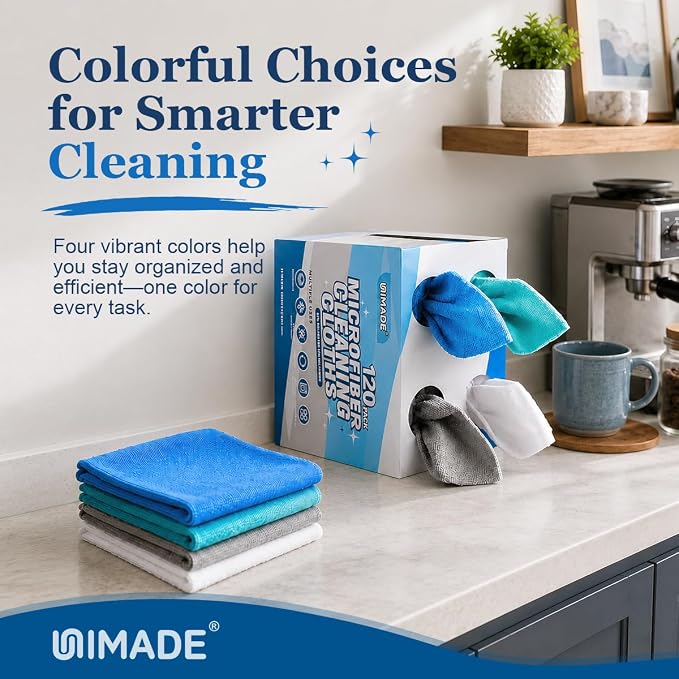 UNIMADE Microfiber Cleaning Cloth, 120 Pack Reusable Paper Towels Microfiber Towels for Cars Lint Free Shop Rags with for Home Kitchen Automotive, 11"x 9", White & Grey & Light Blue & Blue