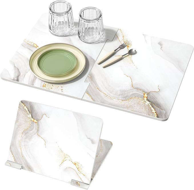 Luxspire Large Stone Drying Mat for Kitchen Counter 24"x16"- Fast-Absorbing Dish Drying Mat Non-Slip Stone Dish Drying Mat for Dishes, Cups Waterproof Counter Protector for Kitchen Bath, Marble Gold