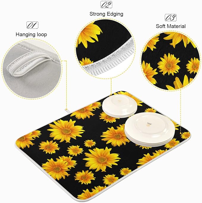 Absorbent Dish Drying Mat for Kitchen Counter - Yellow Sunflower Flowers Black Microfiber Drying Pad, Reversible Drainer Mats for Countertop, Lager 18 x 24 inch