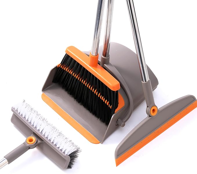 Multifunction 3-in-1 Broom and Dustpan, Silicone broom Squeegee and Scrub Brush Set with Long Adjustable Handle for Indoor & Outdoor Sweeping and Scrubbing, Ideal for Pet Hair, Liquids Spills and Dirt