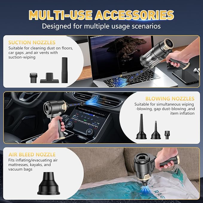 KMM Handheld Car Vacuum Cleaner, 16000PA Hand Held Vacuum & Air Duster | Strong Suction, 120W High Power, Portable, Cordless, Rechargeable, Multi-Nozzles & LED Liht, for Home, Car, Office, Pet