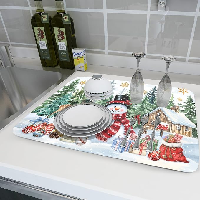 Christmas Kitchen Drying Mat 18 x 24 Inch Xmas Snowman Drying Pad Snowflake and Tree Pattern Absorbent Reversible Microfiber Mats Winter Dish Rack Pad Drainer Mat for Coffee Bar Decor